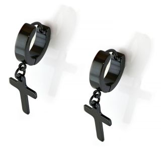 Hoop earrings made of stainless steel in black color with wide cross. - 