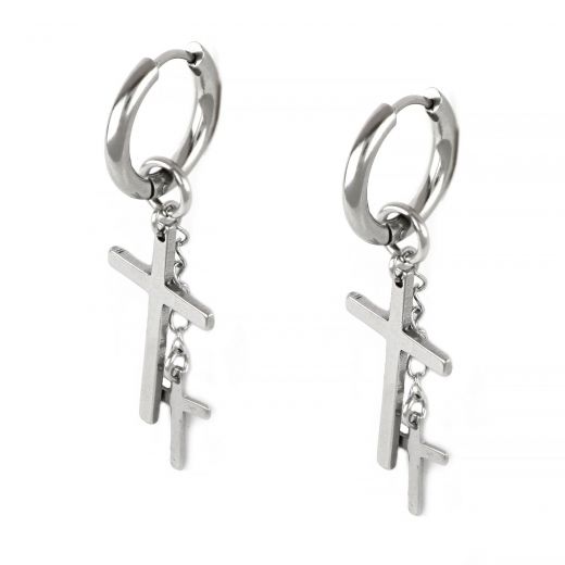 Unisex stainless steel 4mm earrings with cross and chain