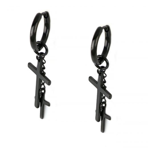 Unisex stainless steel 4mm black earrings with cross and chain