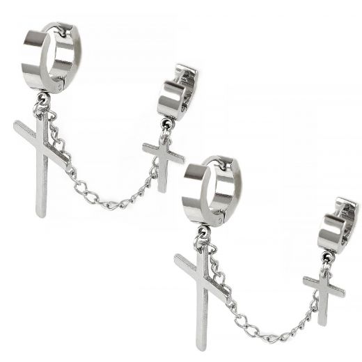 Unisex stainless steel double 4mm earrings with crosses and chain