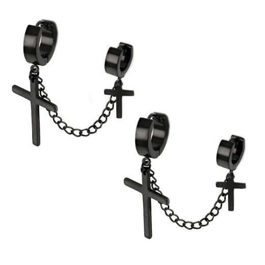 Σκουλαρίκια unisex ατσάλινα 4mm διπλά μαύρα με σταυρούς και αλυσίδα