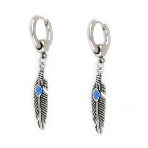 Unisex stainless steel 2,5mm earrings with leaf design and turquoise enamel