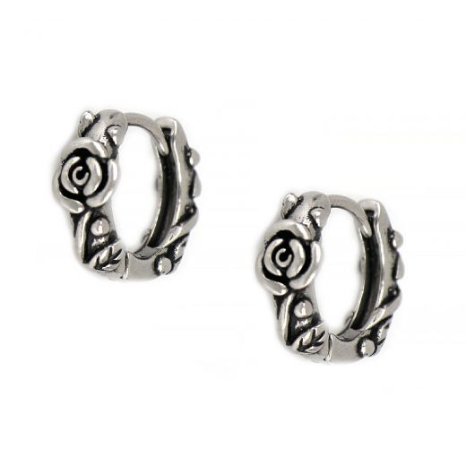 Women's hoop earrings made of stainless steel with embossed rose 4mm thick
