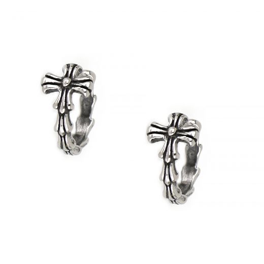 Unisex stainless steel non pierced earrings with embossed cross