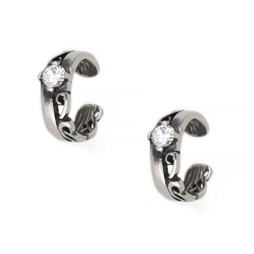 Women's stainless steel non pierced earrings with white zirconia