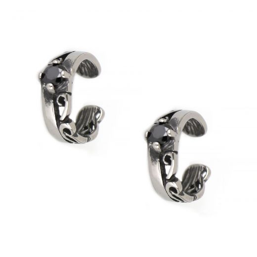 Women's stainless steel non pierced earrings with black zirconia