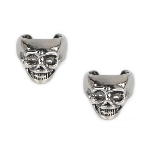 Unisex stainless steel non pierced earrings with embossed skull
