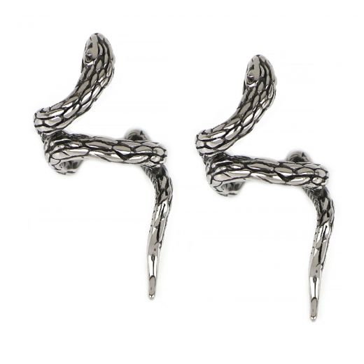 Unisex stainless steel non pierced earrings with embossed snake design