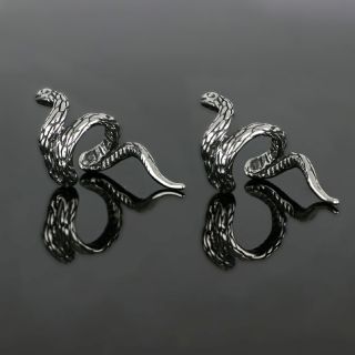 Unisex stainless steel non pierced earrings with embossed snake design - 