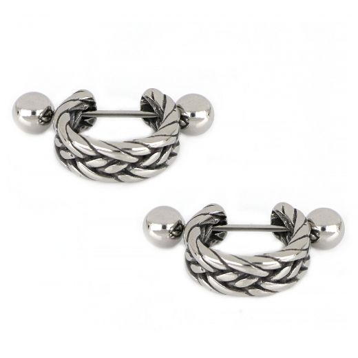 Unisex stainless steel earrings with embossed knitted pattern