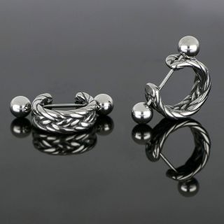 Unisex stainless steel earrings with embossed knitted pattern - 