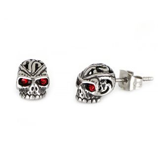 Unisex stainless steel stud earrings with skull and red zirconia Unisex stainless steel stud earrings with skull and red zirconia