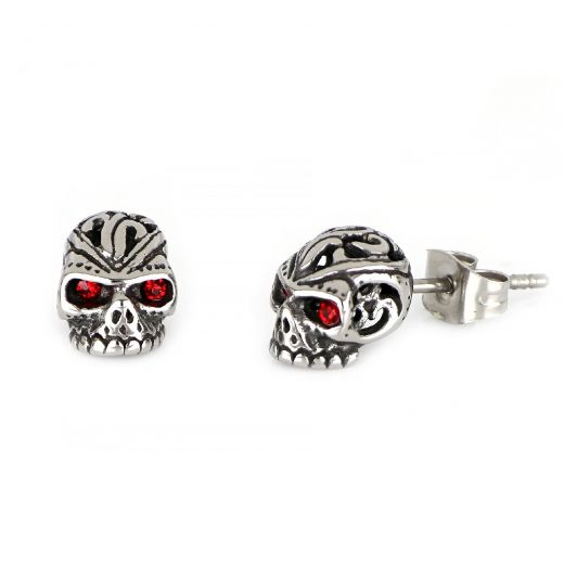 Unisex stainless steel stud earrings with skull and red zirconia