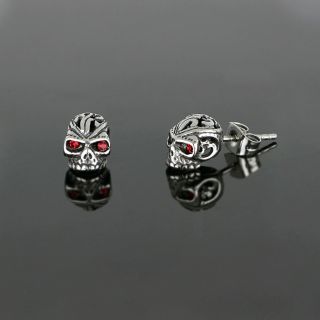 Unisex stainless steel stud earrings with skull and red zirconia - 