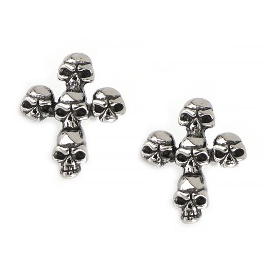 Unisex stainless steel stud earrings in cross shape with skulls