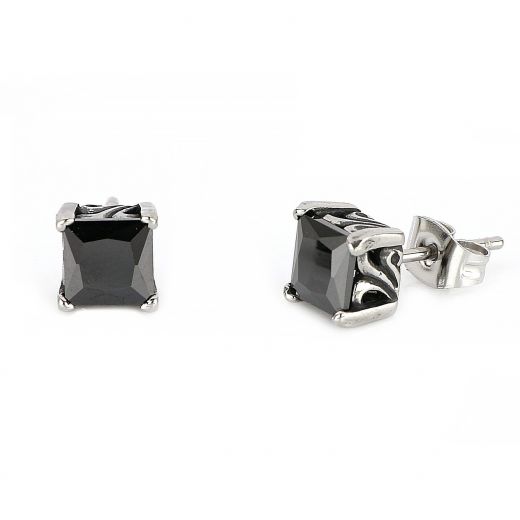 Men's stainless steel earrings with black square cubic zirconia