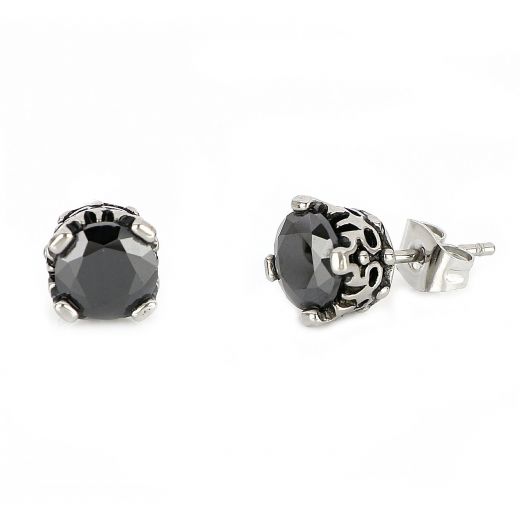 Men's stainless steel earrings with black square cubic zirconia and an embossed design