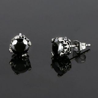 Men's stainless steel earrings with black square cubic zirconia and an embossed design - 