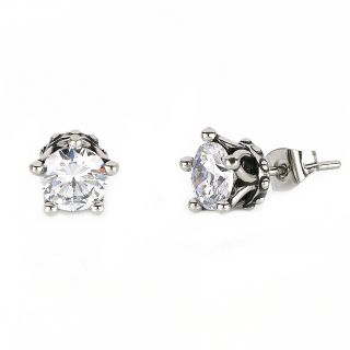 Men's stainless steel earrings with white square cubic zirconia and a crown design Men's stainless steel earrings with white square cubic zirconia and a crown design
