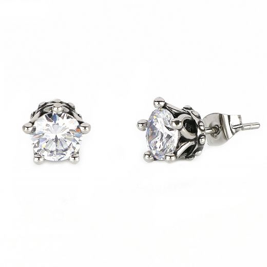 Men's stainless steel earrings with white square cubic zirconia and a crown design