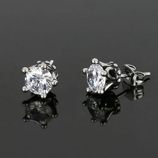 Men's stainless steel earrings with white square cubic zirconia and a crown design - 