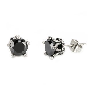 Men's stainless steel earrings with black round cubic zirconia and a crown design Men's stainless steel earrings with black round cubic zirconia and a crown design
