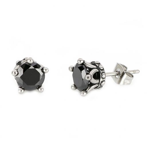 Men's stainless steel earrings with black round cubic zirconia and a crown design