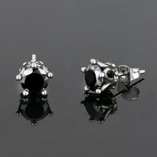 Men's stainless steel earrings with black round cubic zirconia and a crown design - 