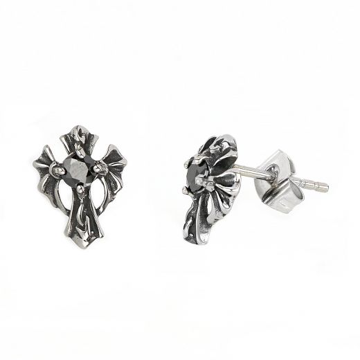 Men's stainless steel earrings with black cubic zirconia and a cross design