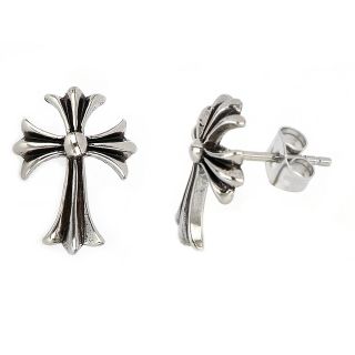 Men's stainless steel earrings with black cubic zirconia and a cross design with black lines Men's stainless steel earrings with black cubic zirconia and a cross design with black lines