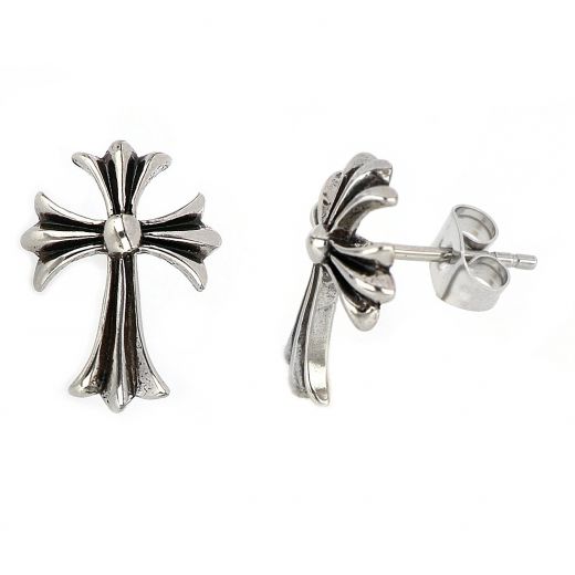 Men's stainless steel earrings with black cubic zirconia and a cross design with black lines
