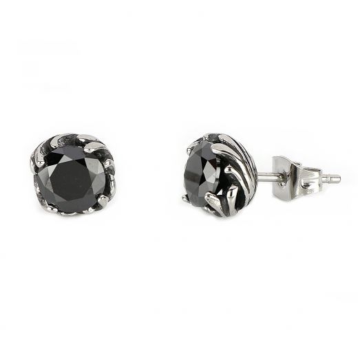 Men's stainless steel earrings with black cubic zirconia and an embossed curvy design