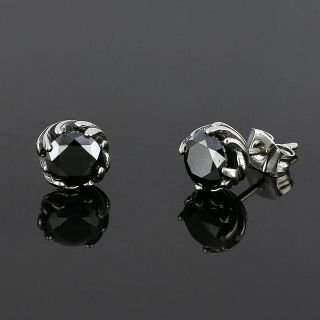 Men's stainless steel earrings with black cubic zirconia and an embossed curvy design - 