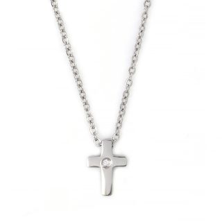 Necklace made of stainless steel with small cross and one strass. Necklace made of stainless steel with small cross and one strass.