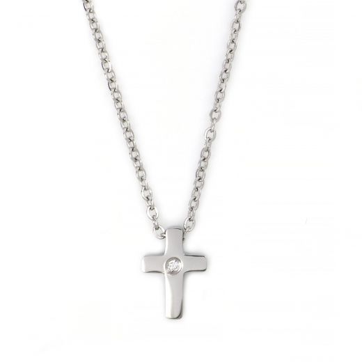 Necklace made of stainless steel with small cross and one strass. Necklace made of stainless steel with small cross and one strass.