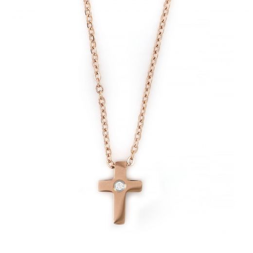 Necklace made of rose gold stainless steel with a small cross and one strass.