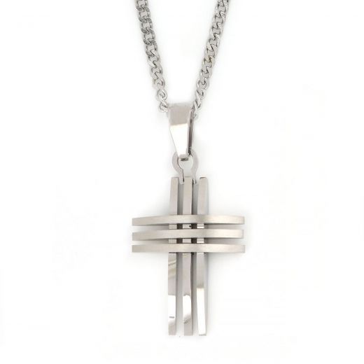 Cross made of stainless steel with three vertical and three horizontal lines with chain