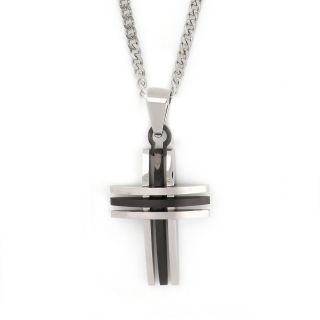 Cross made of stainless steel white-black with three vertical and three horizontal lines with chain Cross made of stainless steel white-black with three vertical and three horizontal lines with chain
