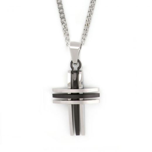 Cross made of stainless steel white-black with three vertical and three horizontal lines with chain