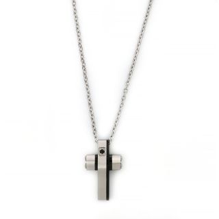 Two-tone flat cross made of stainless steel with one black cubic zirconia and chain. Two-tone flat cross made of stainless steel with one black cubic zirconia and chain.