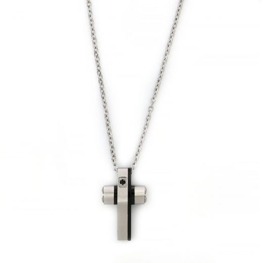 Two-tone flat cross made of stainless steel with one black cubic zirconia and chain.