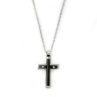 Round black cross made of stainless steel with silver details and chain. Round black cross made of stainless steel with silver details and chain.