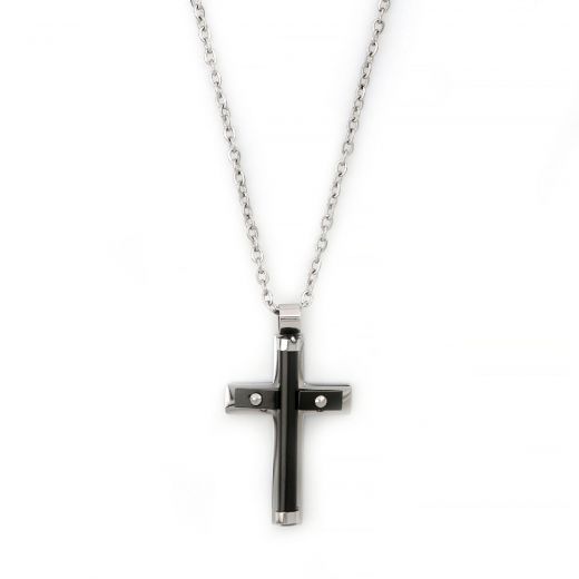 Round black cross made of stainless steel with silver details and chain.