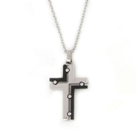 Flat cross made of stainless steel with black details and chain.