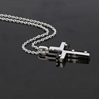 Flat cross made of stainless steel with black details and chain. - 
