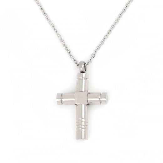 Cross made of stainless steel with round edges and chain.