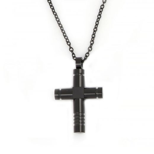 Ανδρικός σταυρός ατσάλινος μαύρος στρογγυλός με αλυσίδα
