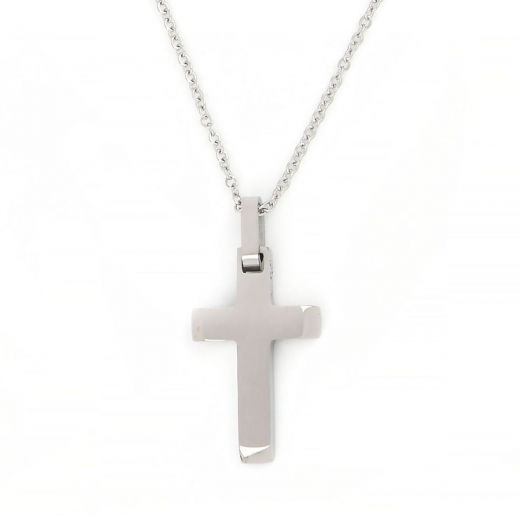 Flat cross made of stainless steel with chain.