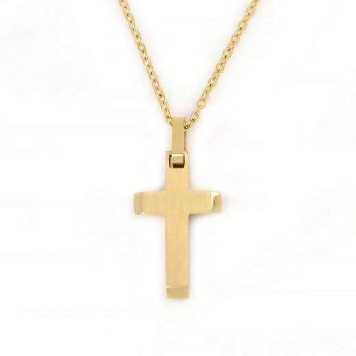 Flat cross made of gold plated stainless steel with chain.