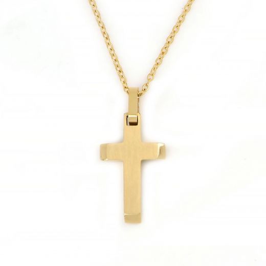 Flat cross made of gold plated stainless steel with chain.